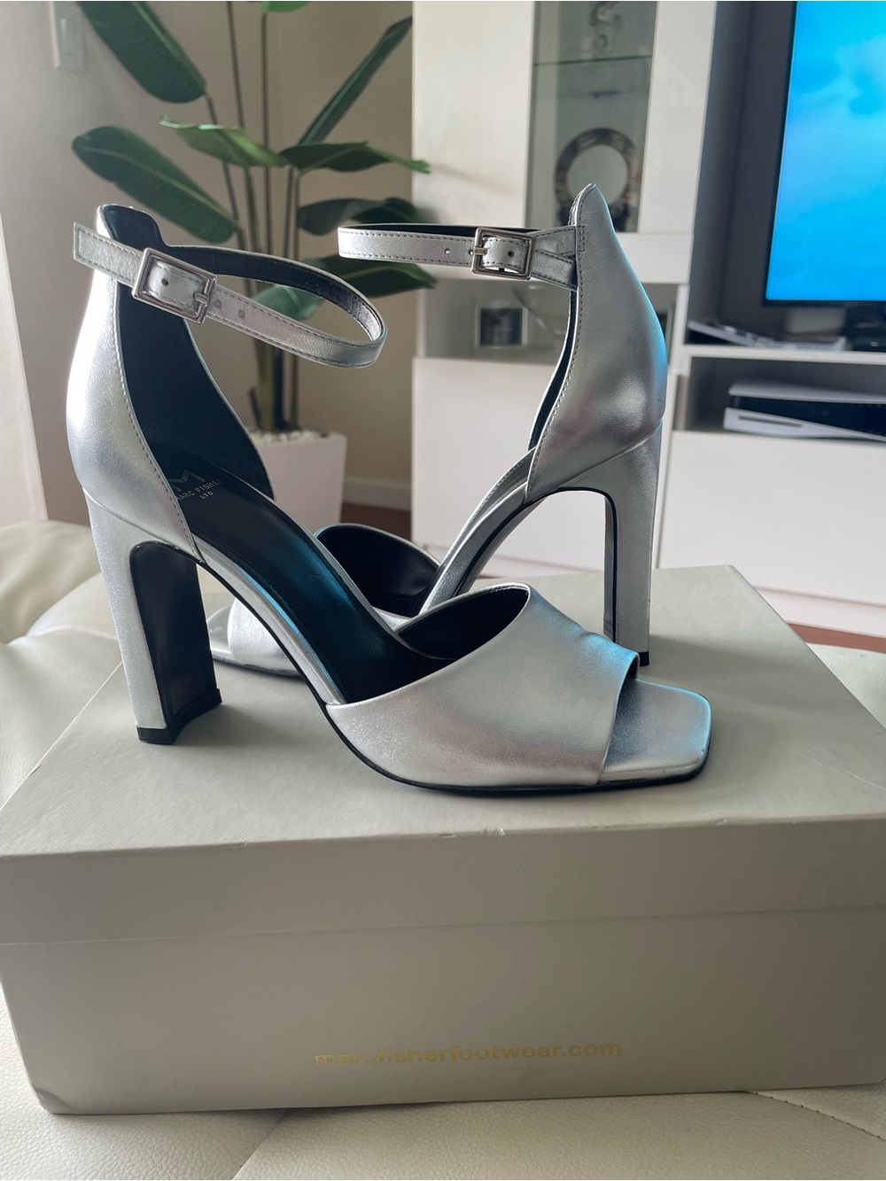 Marc Fisher Metallic Silver Ankle-Strap Block Heel Sandals